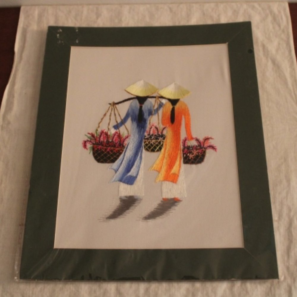 Silk Thread Screenprint of Asian Figurines on Matted Frame - Handmade